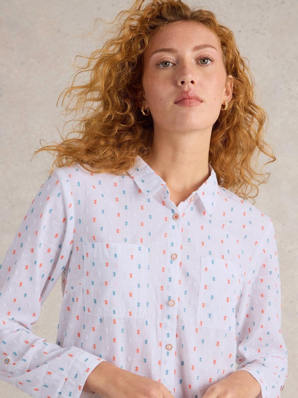 Sophie Organic Cotton Long Sleeve Shirt in IVORY MLT - MODEL DETAIL