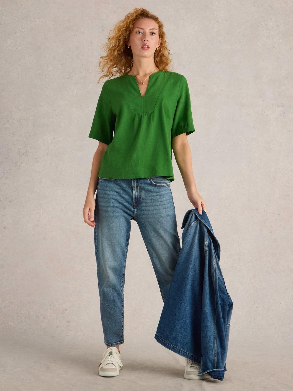 Ash Linen Blend Top in MID GREEN - MODEL FRONT