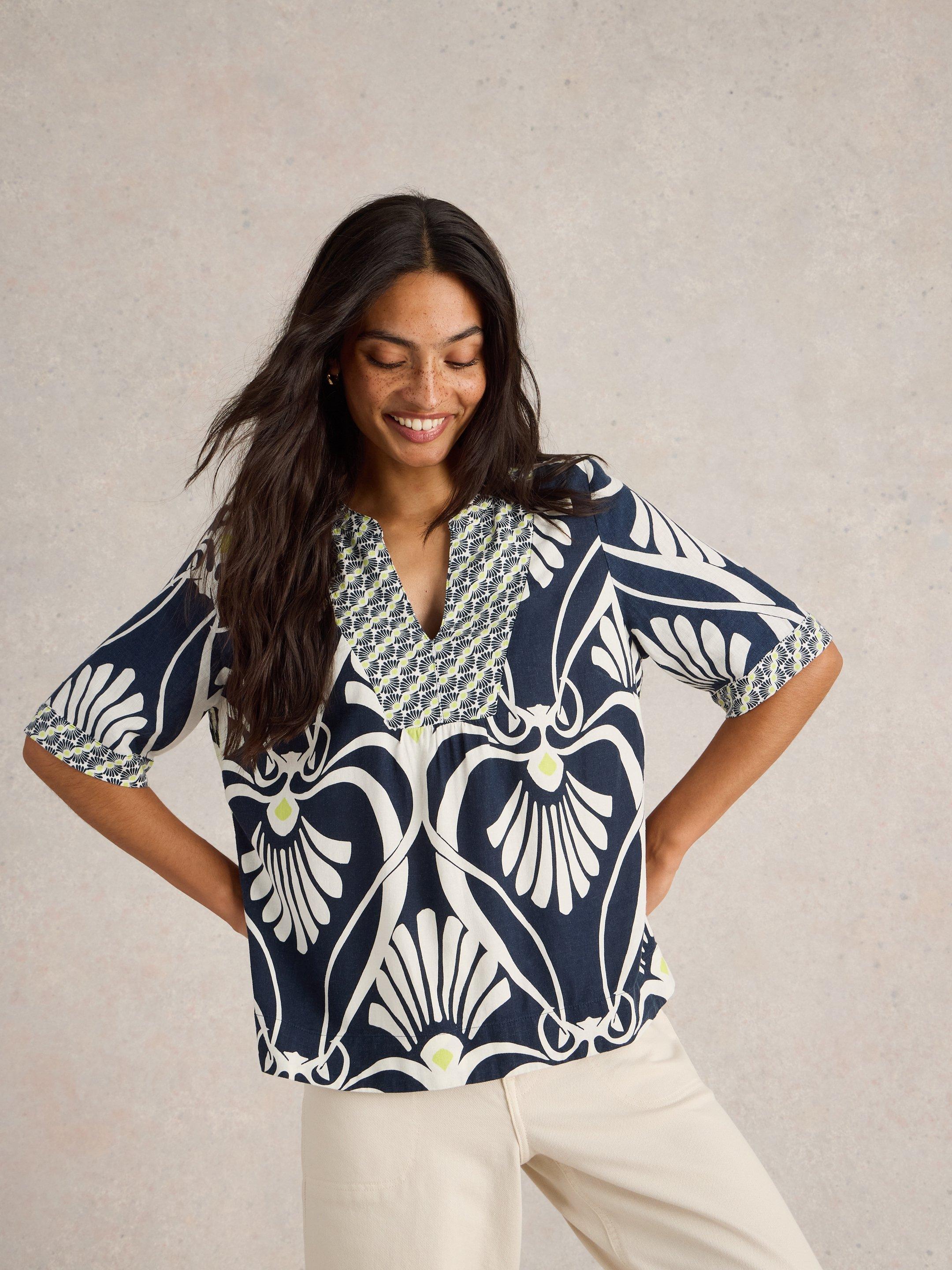 thumbnail image 2 of White Stuff Women's Linen Blend Geometric Print Top – V-Neck, Short Sleeve, Multicolour 2 of 3