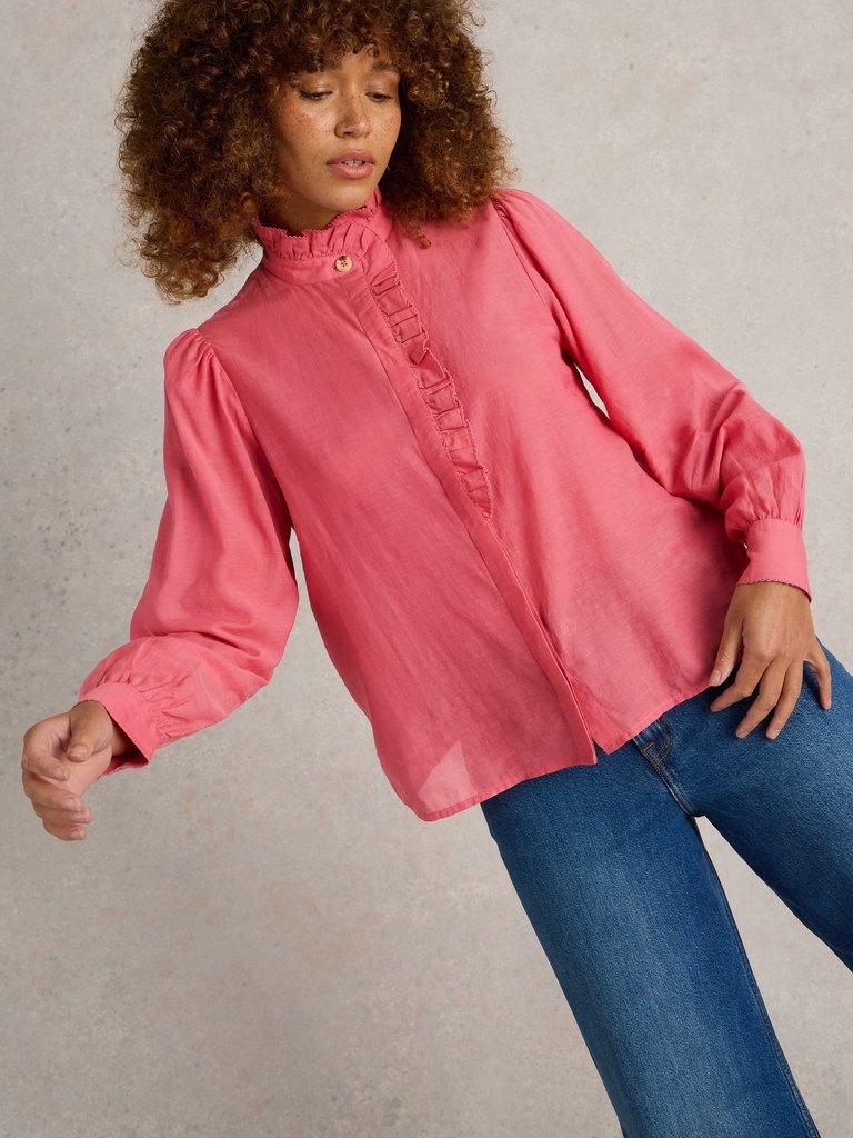 Pauline Frill Neck Top in MID PINK - MODEL DETAIL