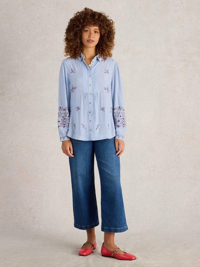 Geri Embroidered Shirt in BLUE MLT - MODEL FRONT