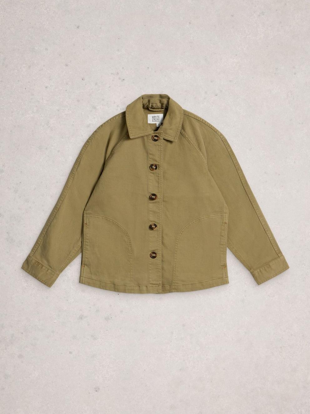 Eden Denim Collared Jacket in KHAKI GRN - FLAT FRONT
