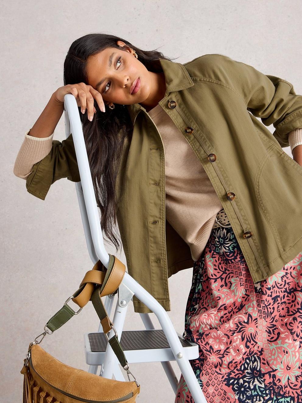 Eden Denim Collared Jacket in KHAKI GRN - LIFESTYLE