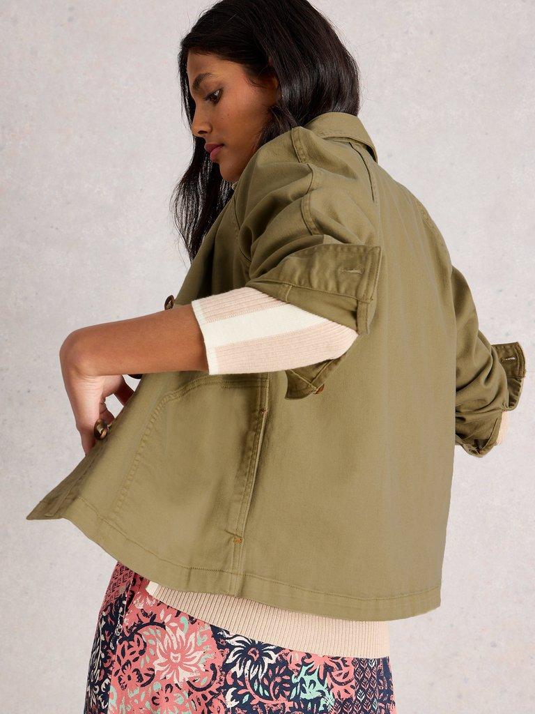 Eden Denim Collared Jacket in KHAKI GRN - MODEL BACK