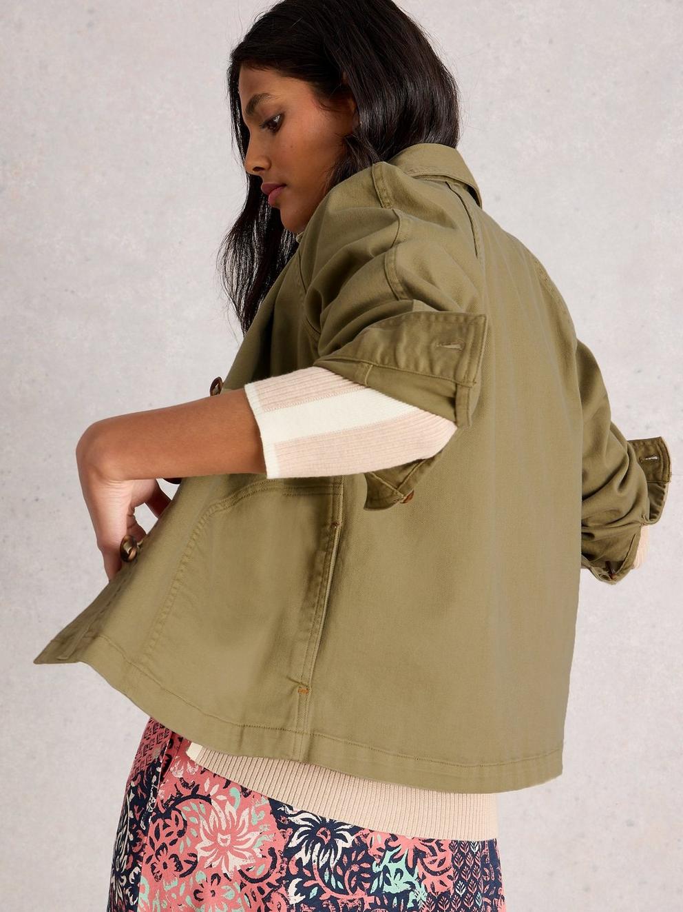 Eden Denim Collared Jacket in KHAKI GRN - MODEL BACK