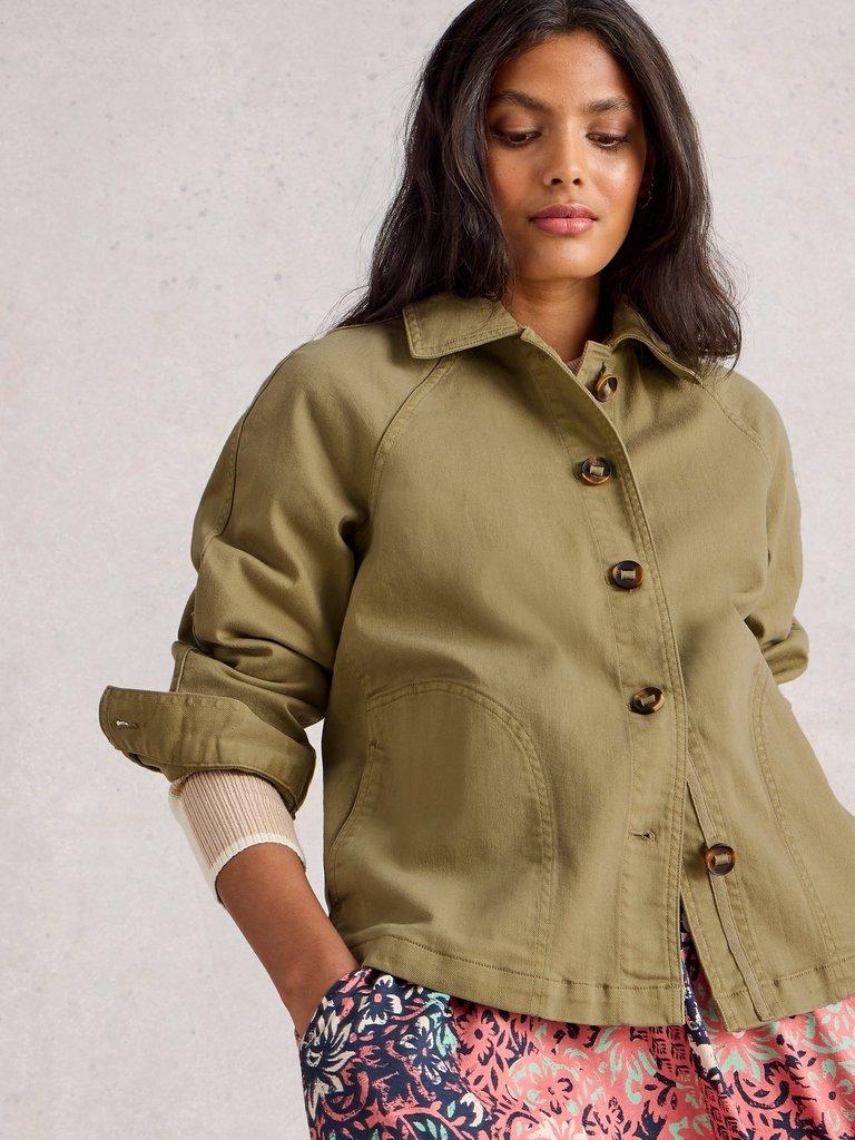 Eden Denim Collared Jacket in KHAKI GRN - MODEL DETAIL