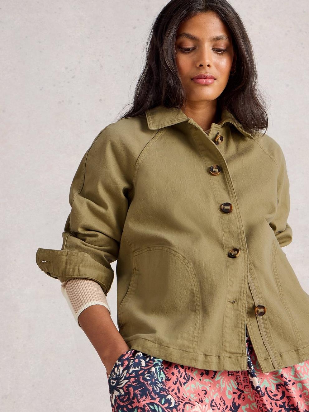 Eden Denim Collared Jacket in KHAKI GRN - MODEL DETAIL