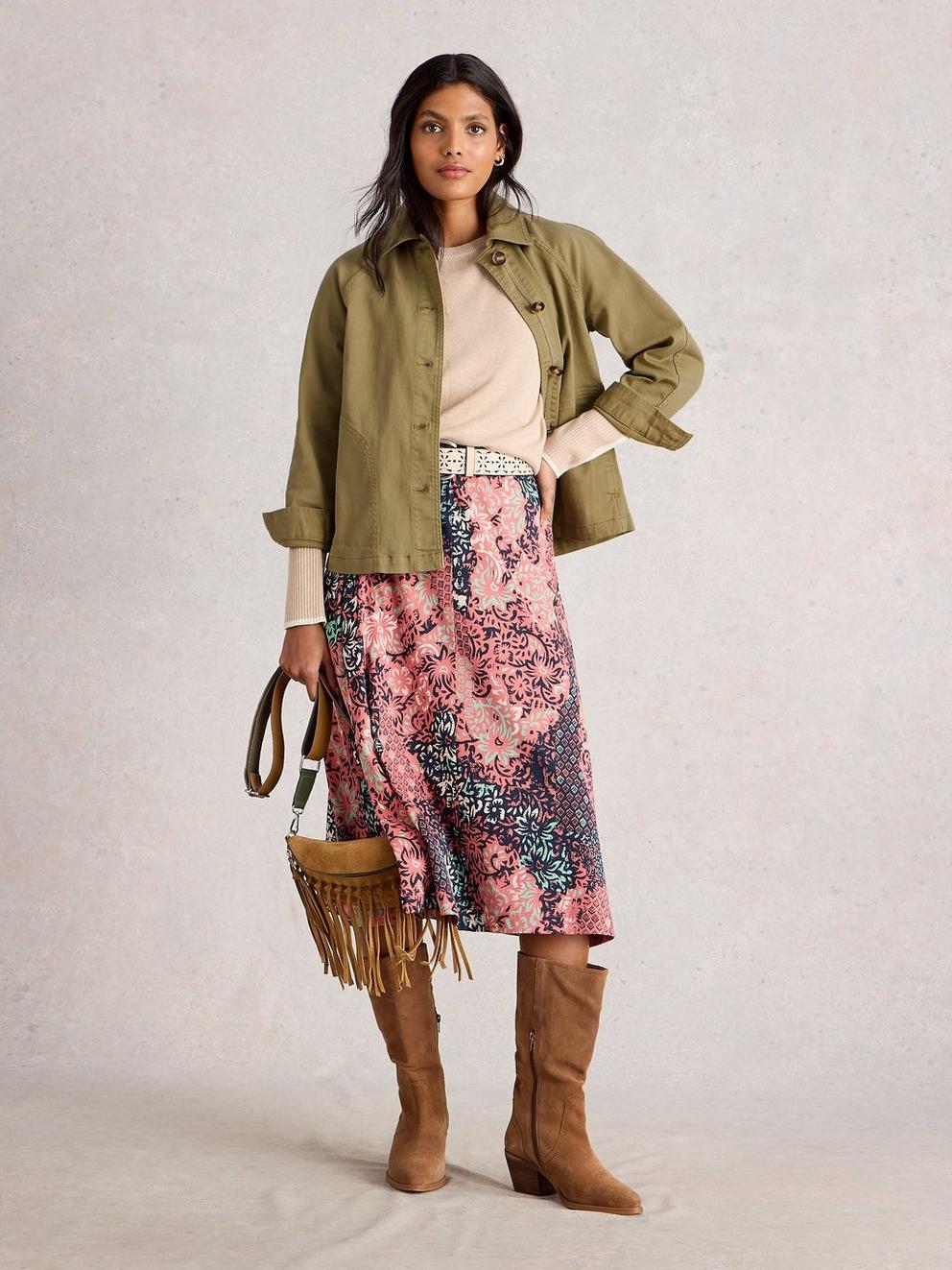 Eden Denim Collared Jacket in KHAKI GRN - MODEL FRONT