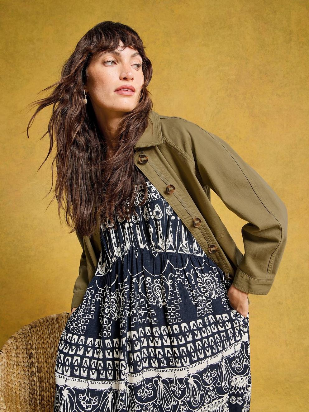 Eden Denim Collared Jacket in KHAKI GRN - MIXED