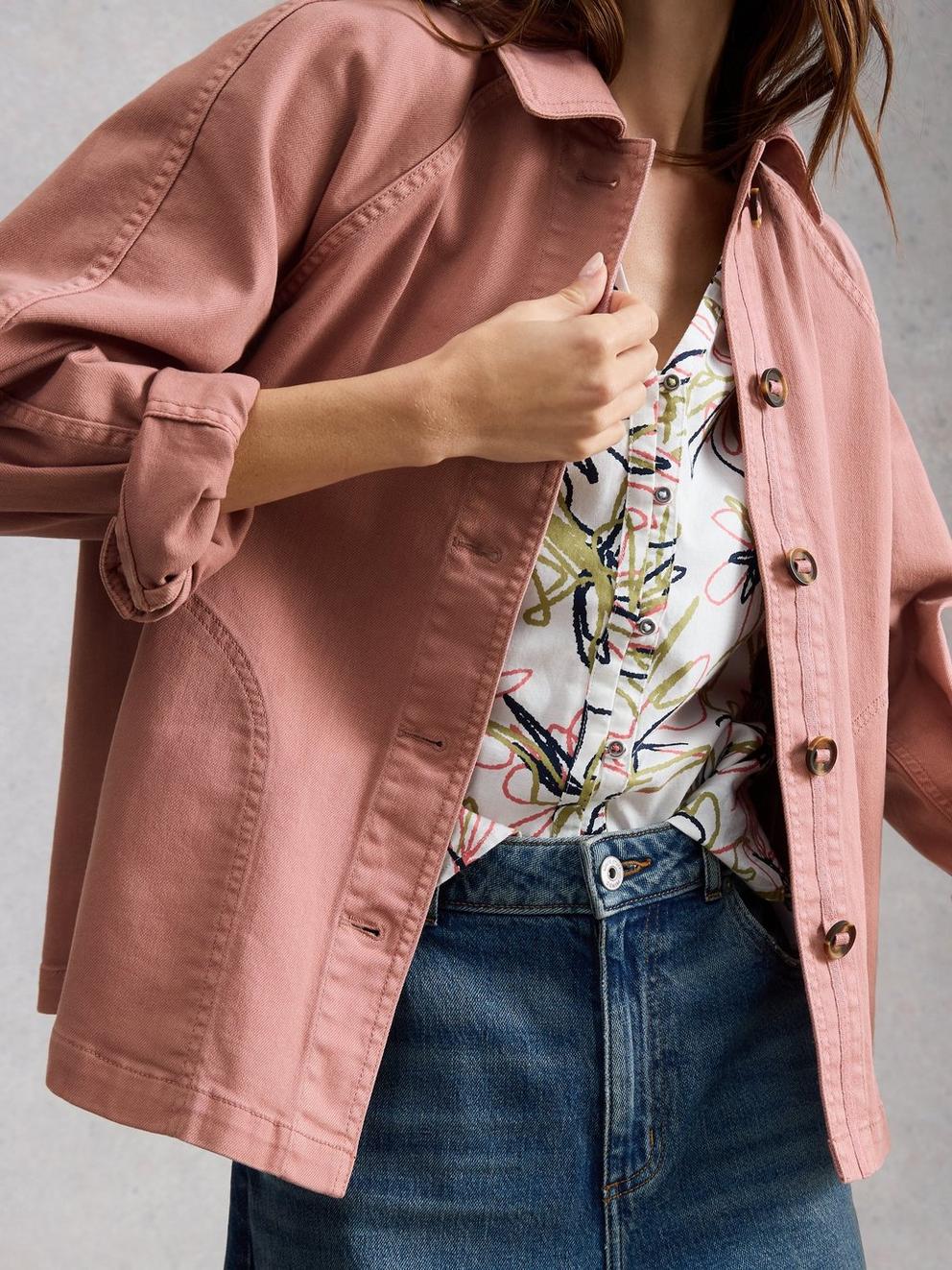 Eden Denim Collared Jacket in MID PINK - MODEL DETAIL