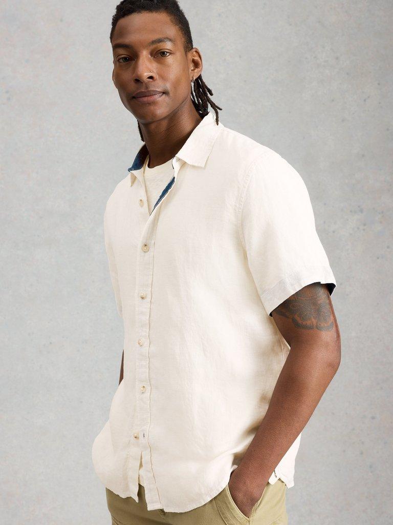 Keswick Short Sleeve Linen Shirt in BRIL WHITE - MODEL DETAIL