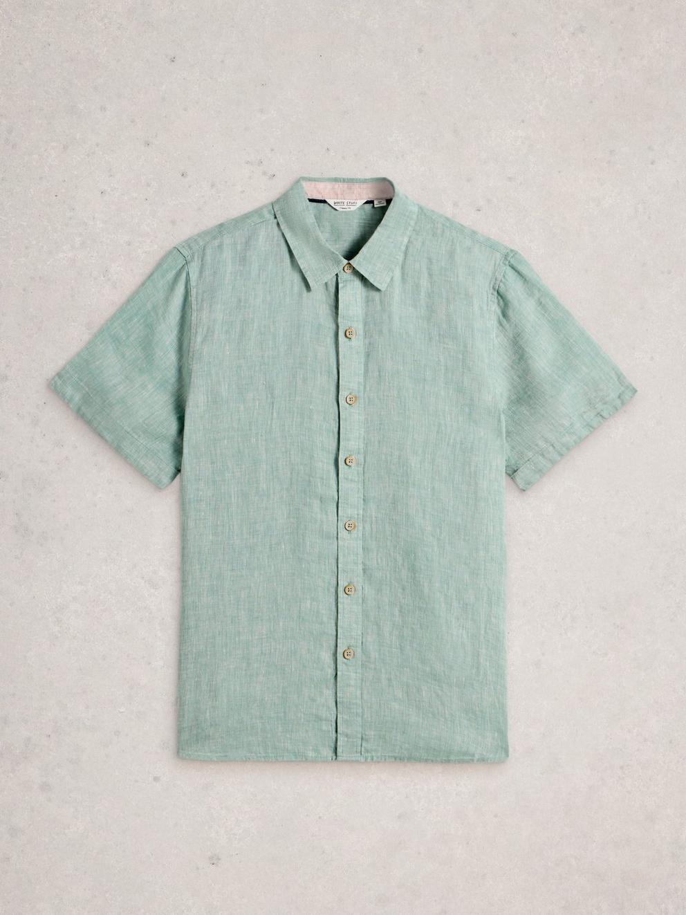 Keswick Short Sleeve Linen Shirt in MID GREEN - FLAT FRONT
