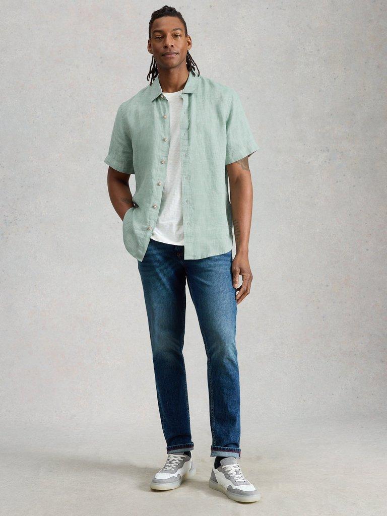 Keswick Short Sleeve Linen Shirt in MID GREEN - MODEL FRONT