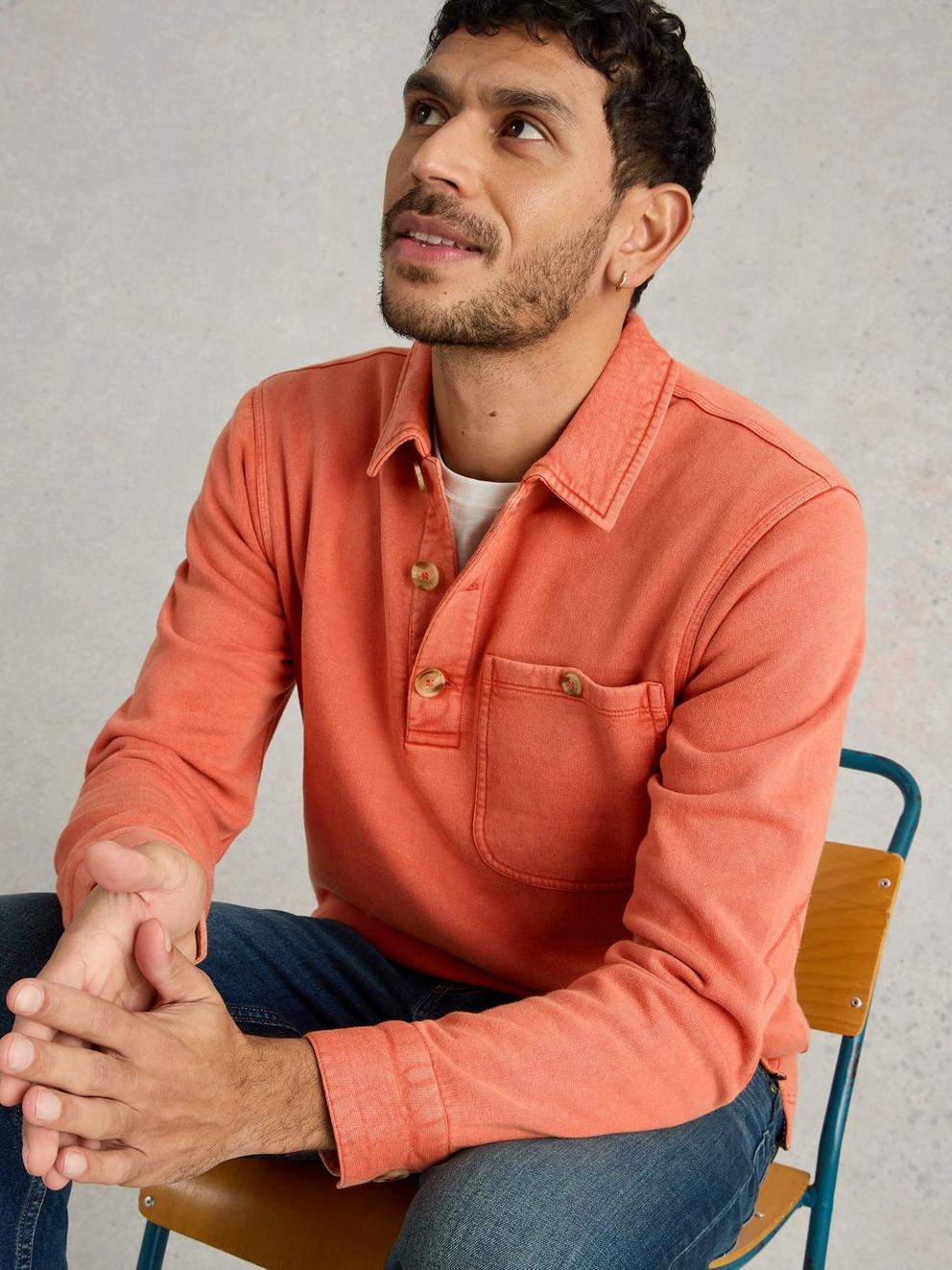 Brampton Collared Sweat in DK ORANGE - MODEL DETAIL