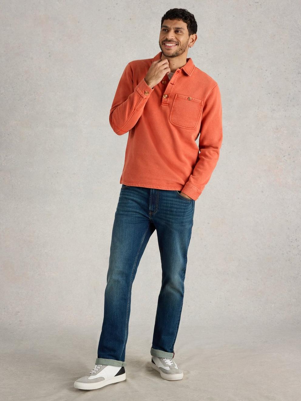 Brampton Collared Sweat in DK ORANGE - MODEL FRONT