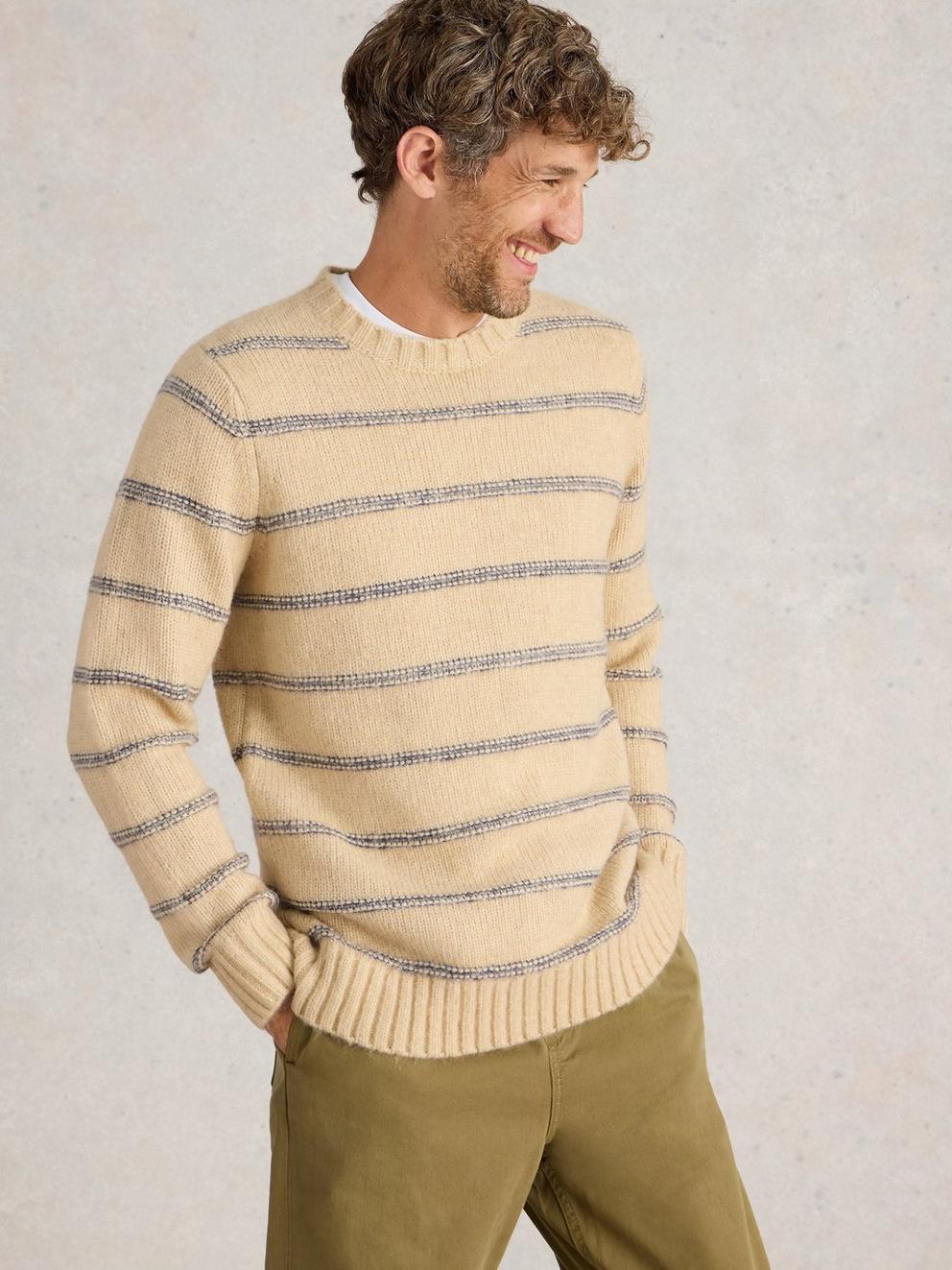 Breton Stripe Crew Neck Jumper in NAT MLT - MODEL DETAIL