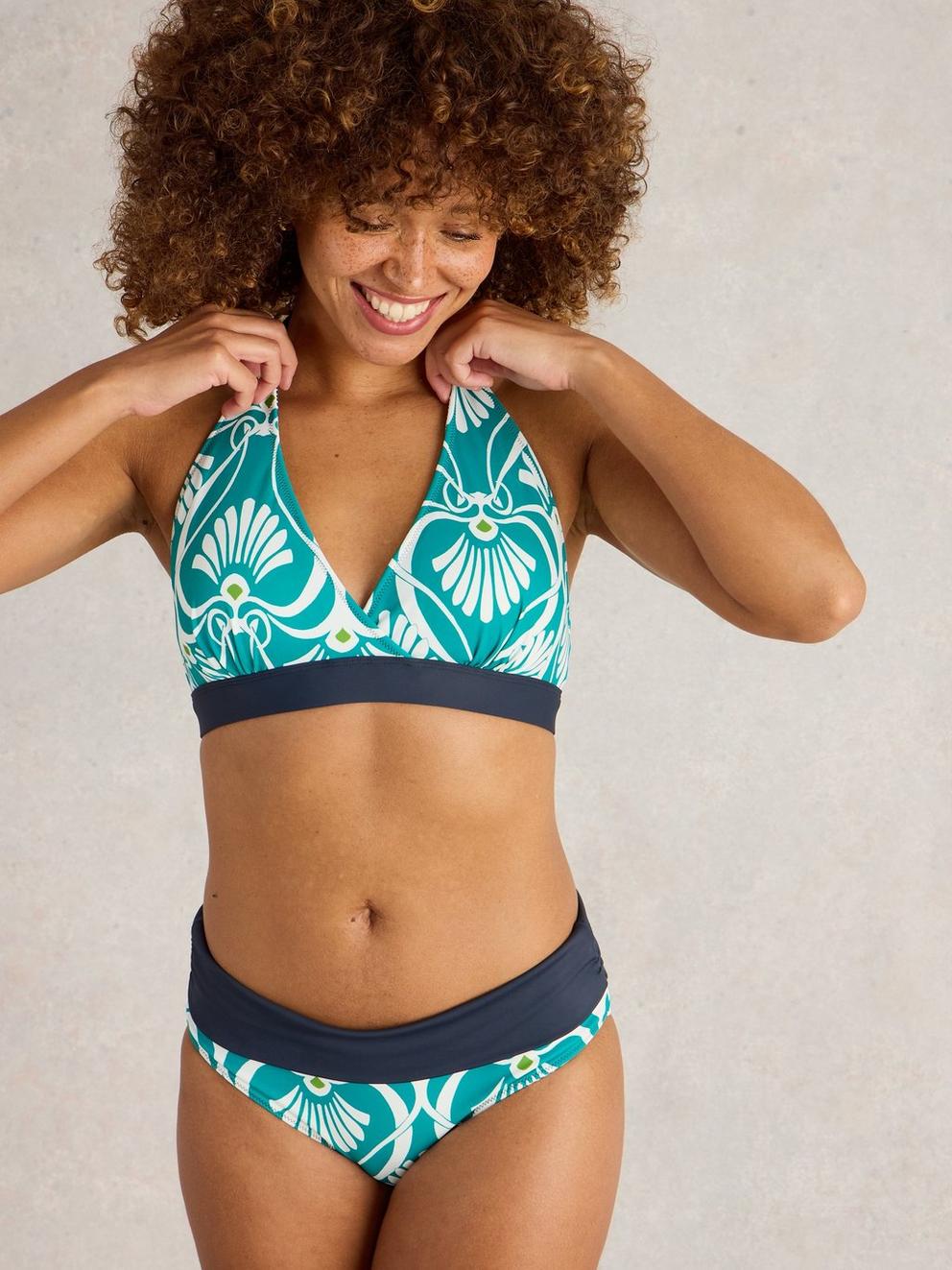 Reversible Sunshine Bikini Top in BLUE PR - MODEL FRONT