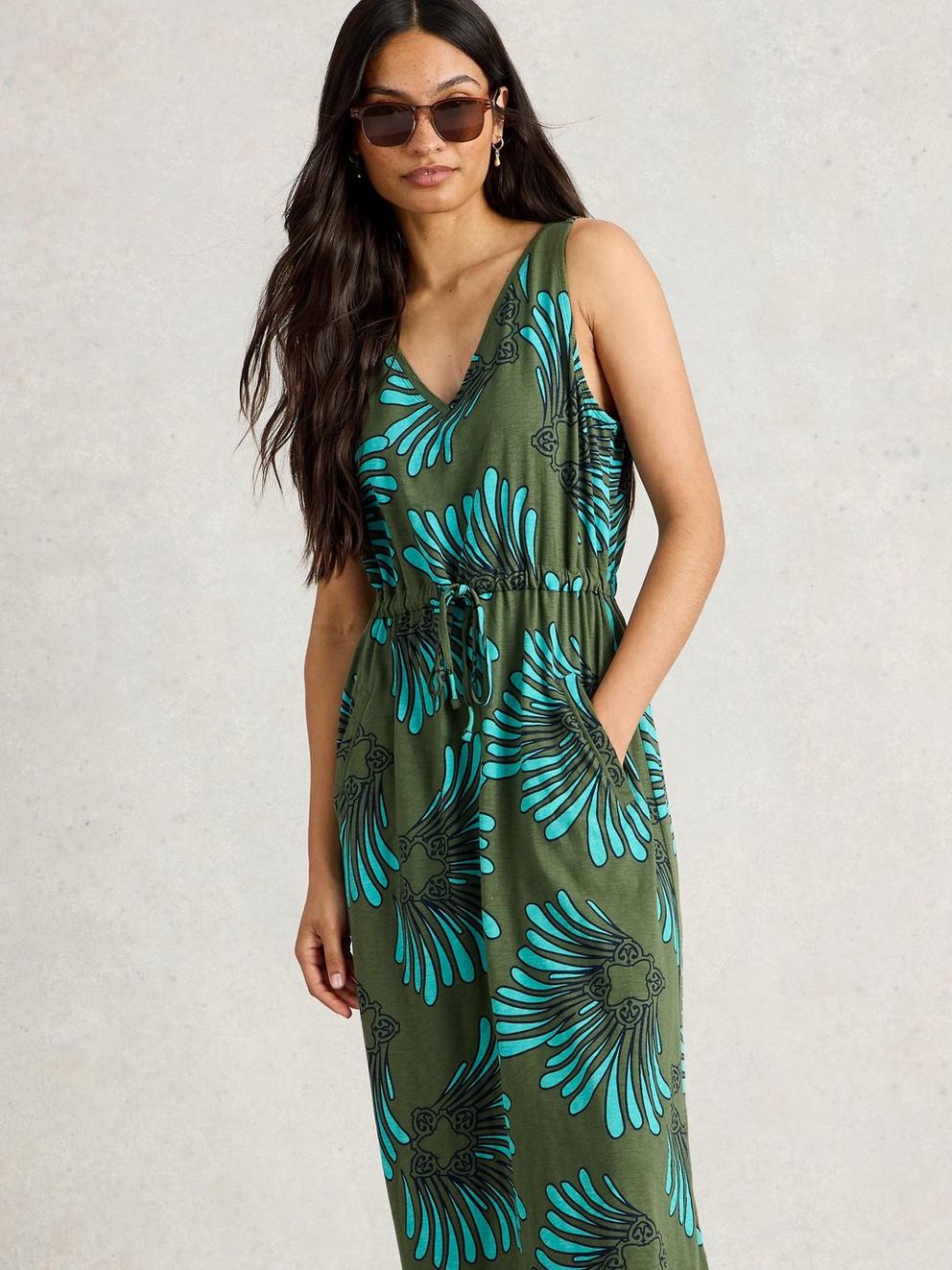 Heidi Jersey Midi Dress in GREEN MLT - MODEL DETAIL