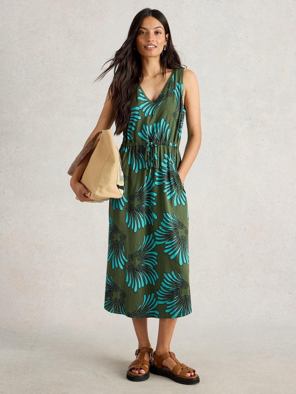 Heidi Jersey Midi Dress in GREEN MLT - MODEL FRONT