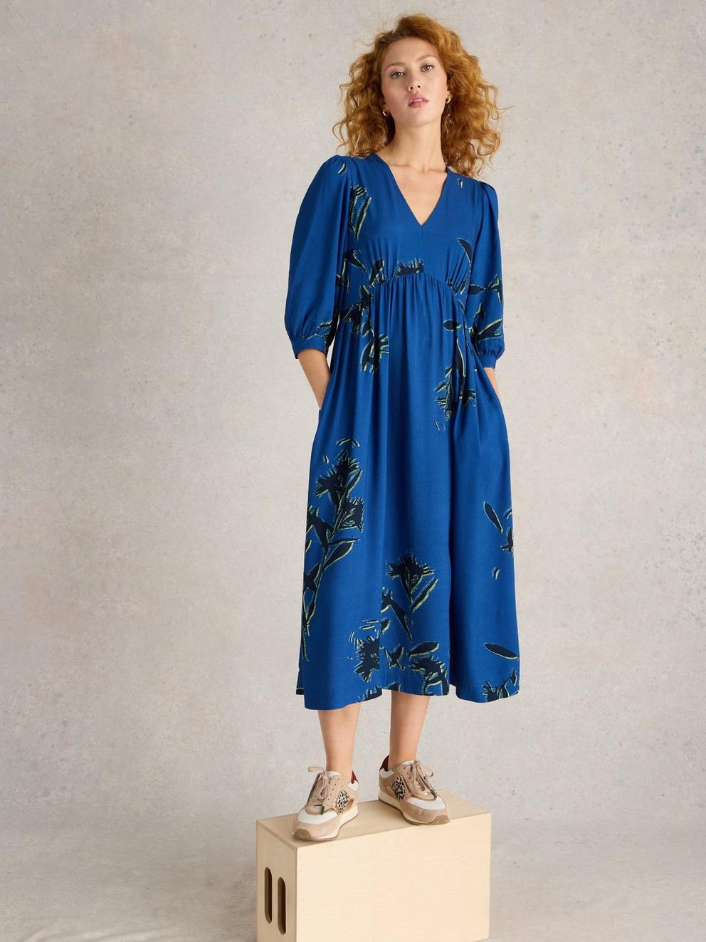Lucy Midi Dress in BLUE PR - MODEL FRONT