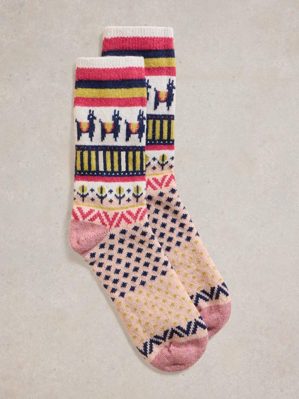 Llama Wool Mix Socks in PINK MLT - FLAT FRONT