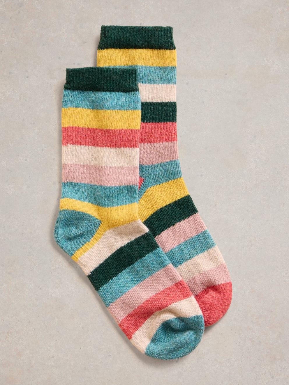 Mismatch Stripe Wool Mix Sock in BLUE MLT - FLAT FRONT