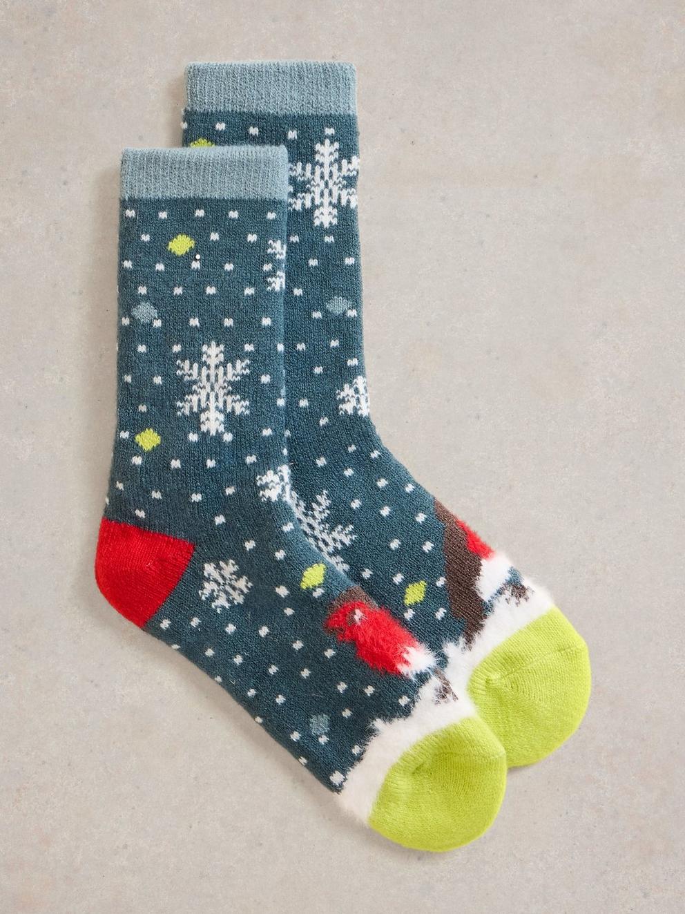 Kissing Robins Cabin Sock in TEAL MLT - FLAT FRONT