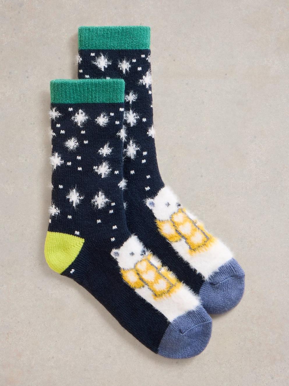 Cosy Polar Bear Cabin Sock in NAVY MULTI - FLAT FRONT