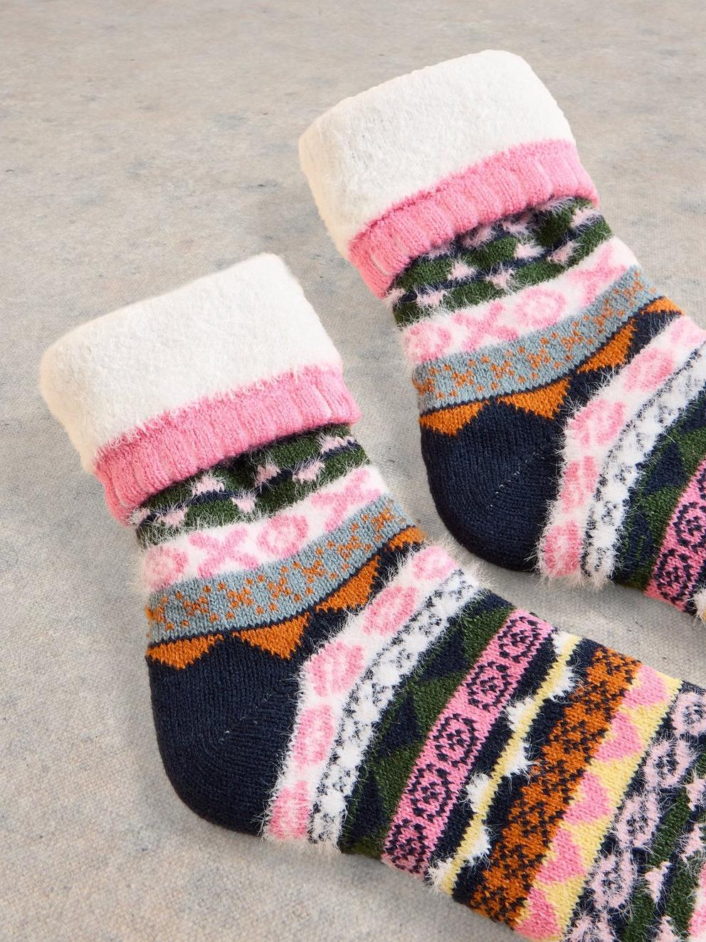 Pop Fairsle Cabin Sock in PINK MLT - FLAT DETAIL