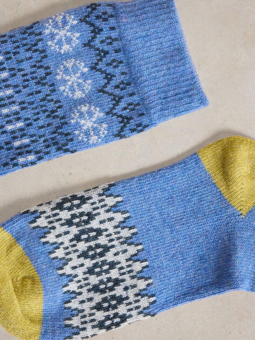 Wool Mix Fairisle Socks in BLUE MLT - FLAT DETAIL