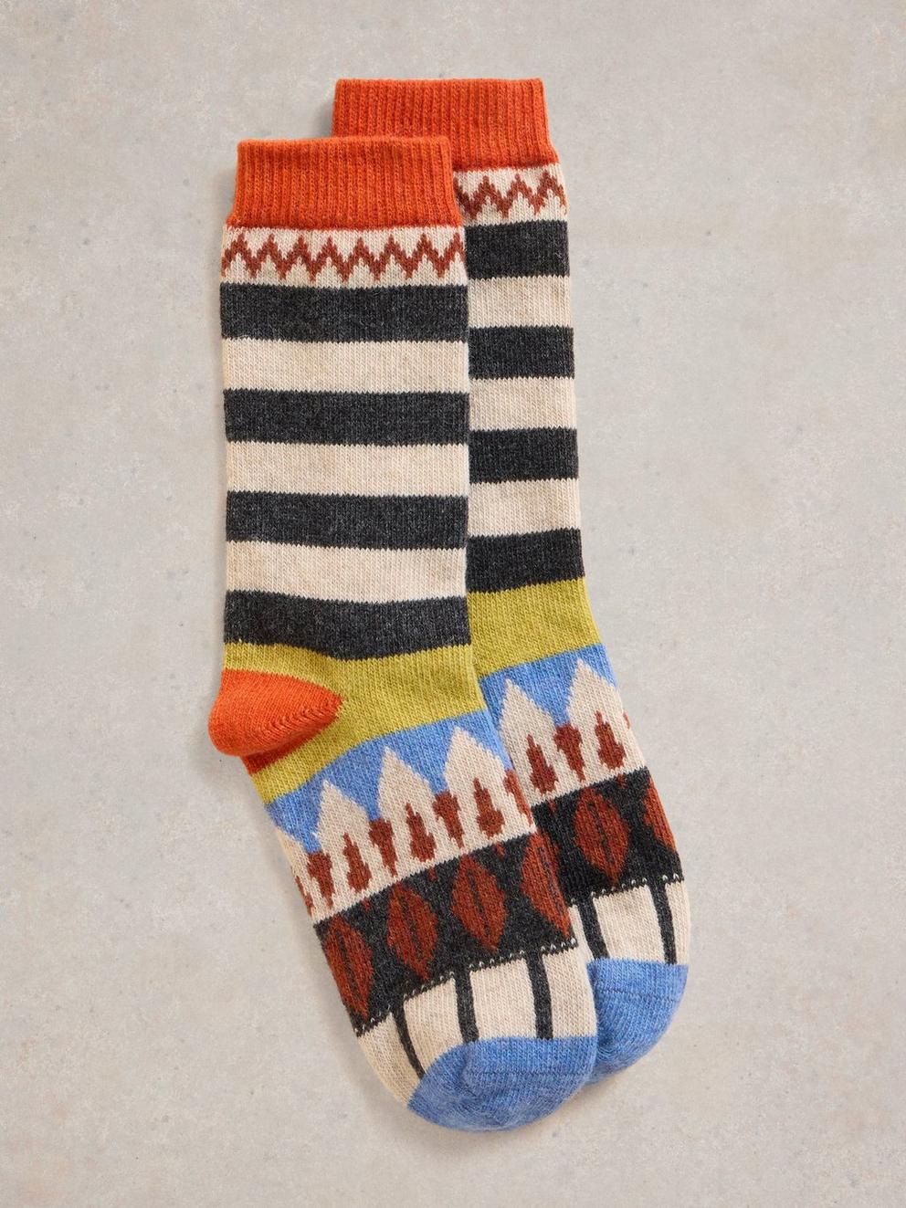 Stripe Fairisle Wool Mix Sock in BLUE MLT - FLAT FRONT