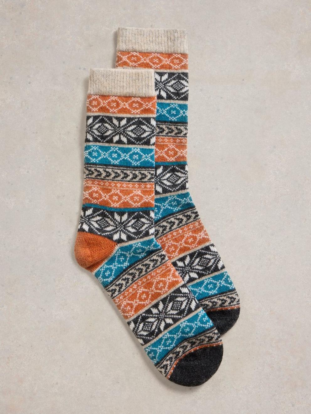 Fairisle Wool Mix Socks in TEAL MLT - FLAT FRONT