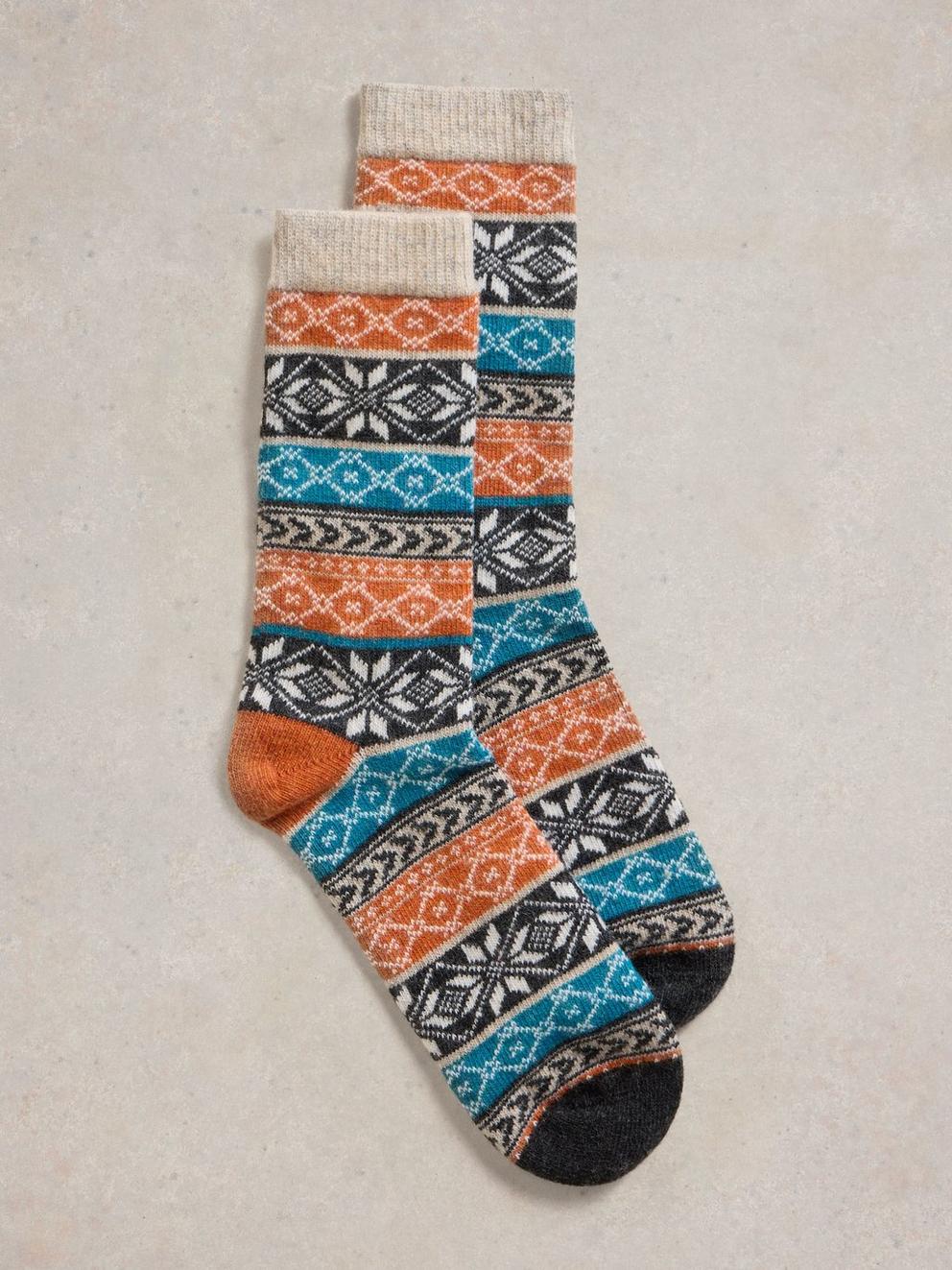 Fairisle Wool Mix Socks in TEAL MLT - FLAT FRONT