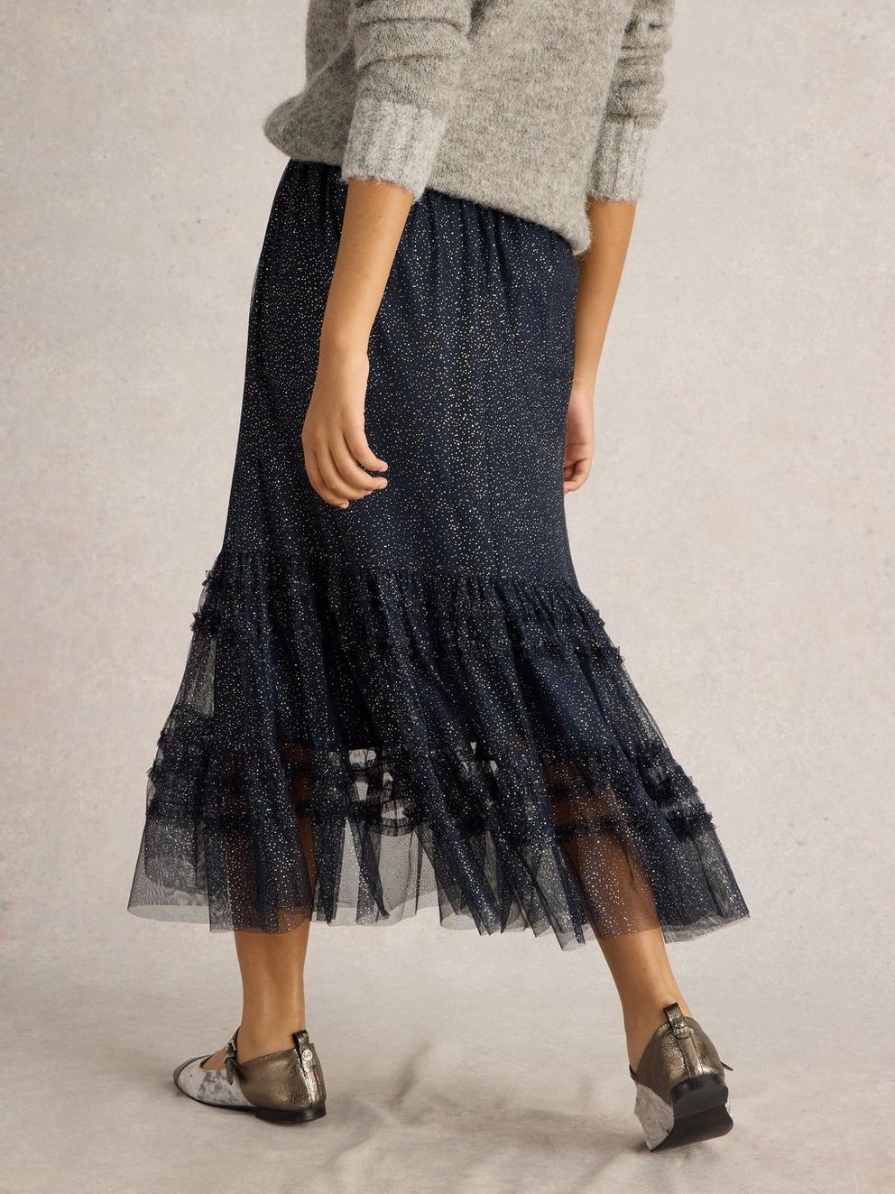 Nova Tulle Sparkle Skirt in NAVY MULTI - MODEL BACK