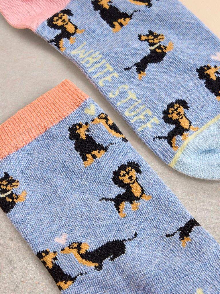 Kissing Sausage Dog Ankle Socks in LGT BLUE - FLAT DETAIL