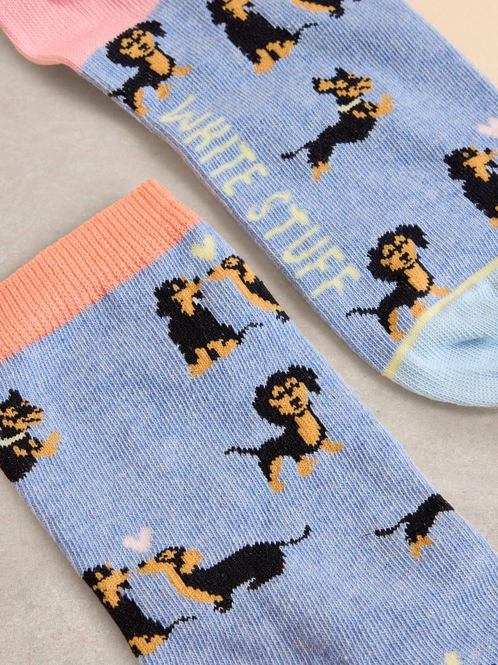 Kissing Sausage Dog Ankle Socks in LGT BLUE - FLAT DETAIL