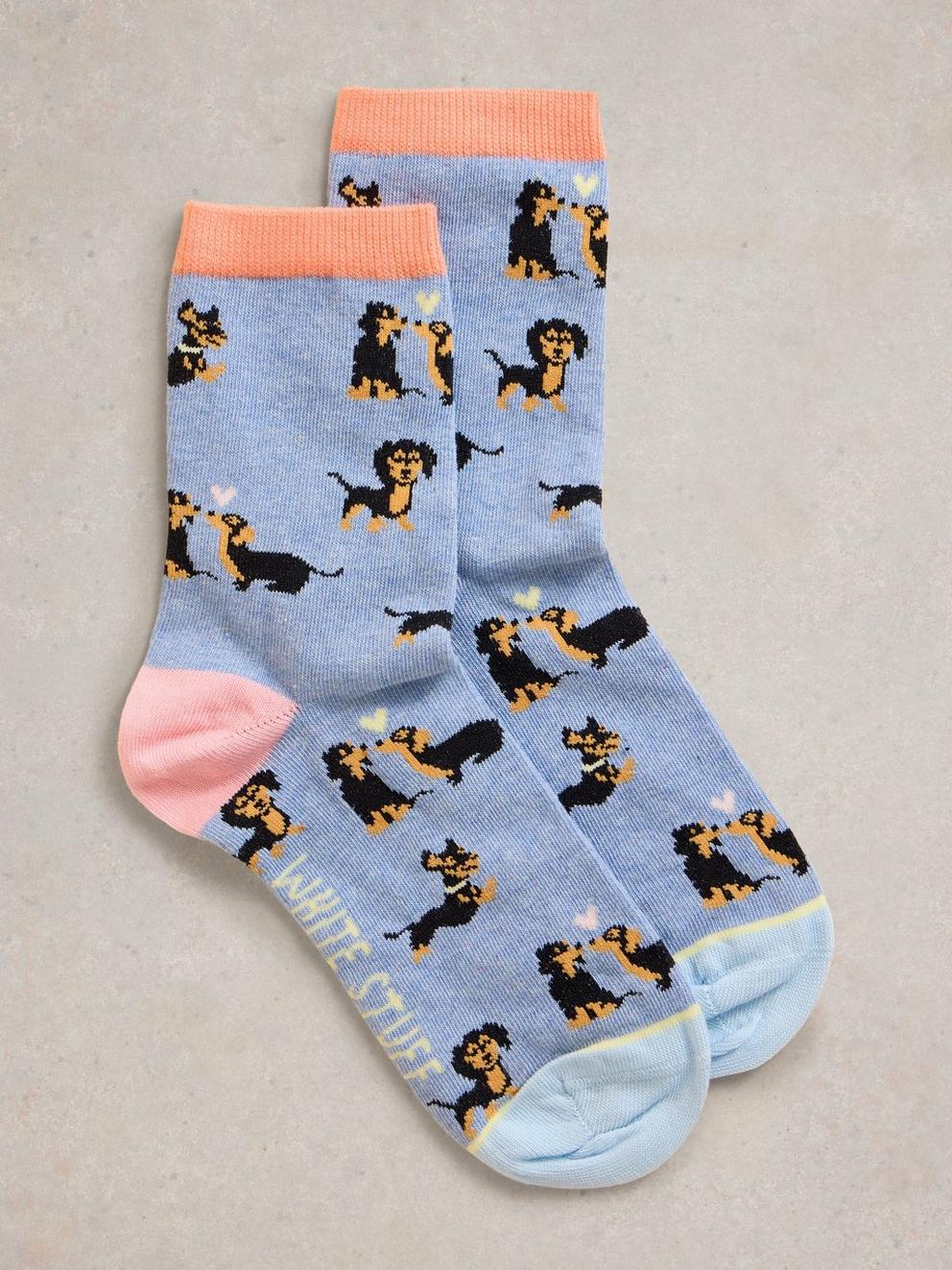 Kissing Sausage Dog Ankle Socks in LGT BLUE - FLAT FRONT