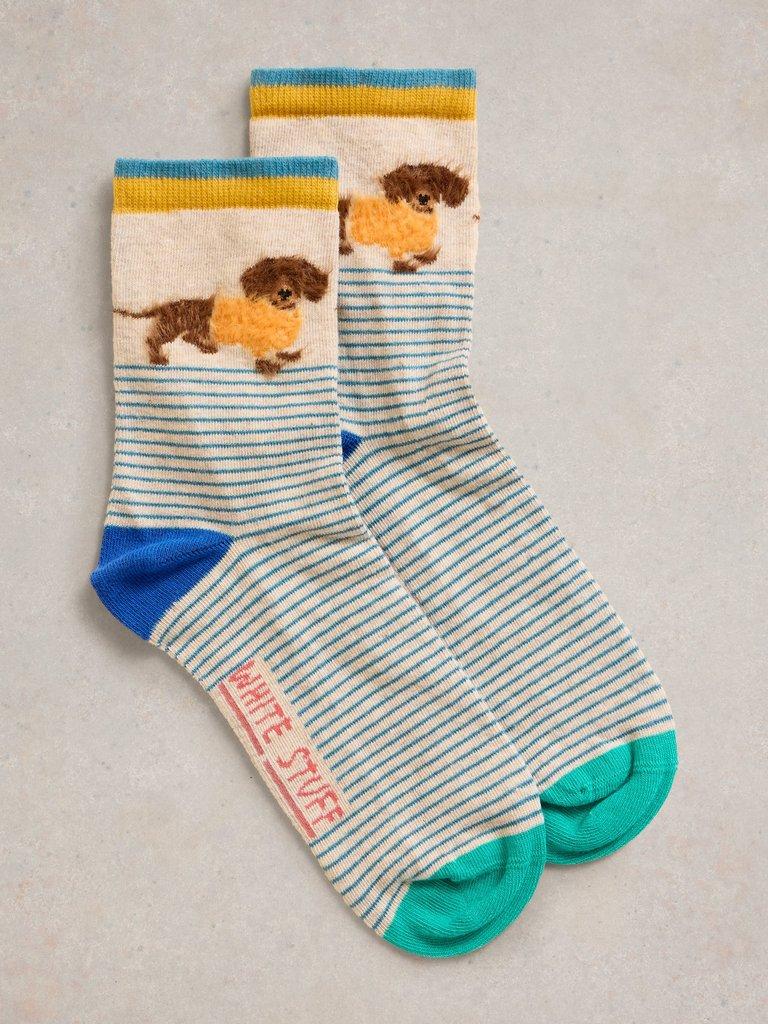 Fluffy Sausage Dog Ankle Socks in NAT MLT - FLAT FRONT