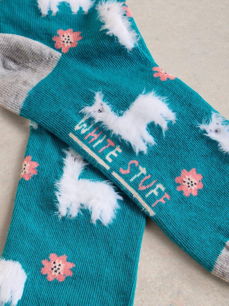 Fluffy Llama Ankle Socks in BRT TEAL - FLAT DETAIL