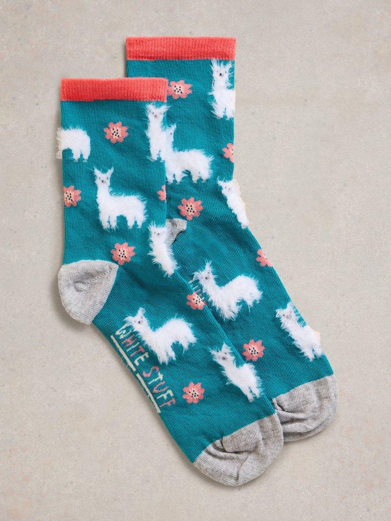 Fluffy Llama Ankle Socks in BRT TEAL - FLAT FRONT