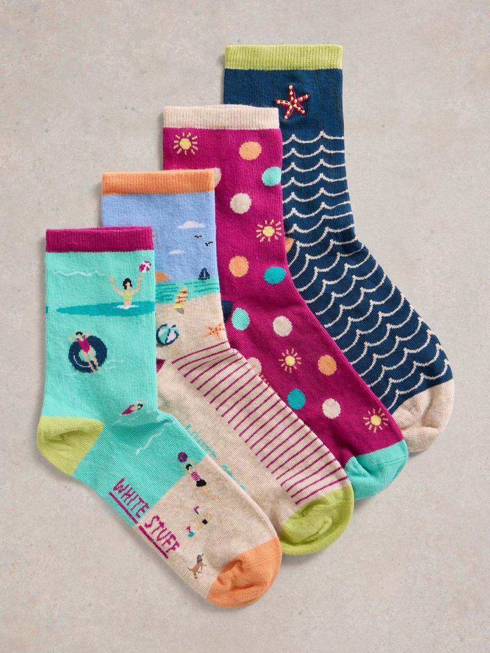 4PK Seaside Ankle Socks in TEAL MLT - FLAT FRONT