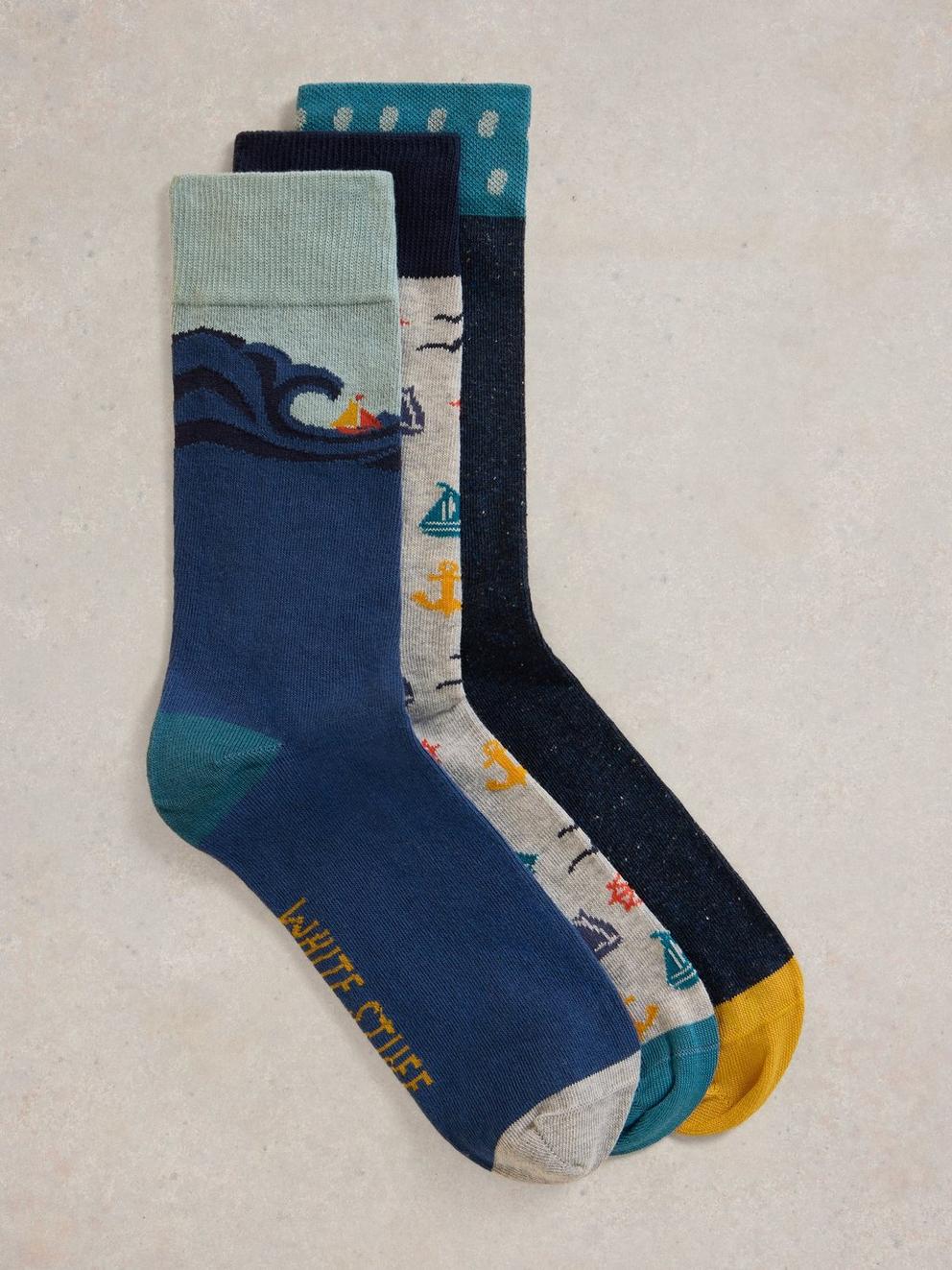 3 Pack Sail Away Socks in BLUE MLT - FLAT FRONT