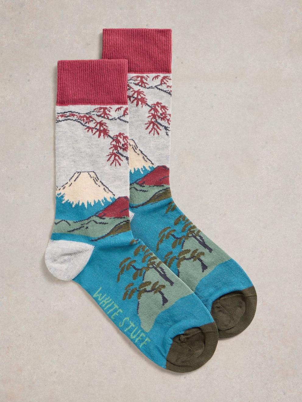 Mountain Scenic Ankle Sock in TEAL MLT - FLAT FRONT