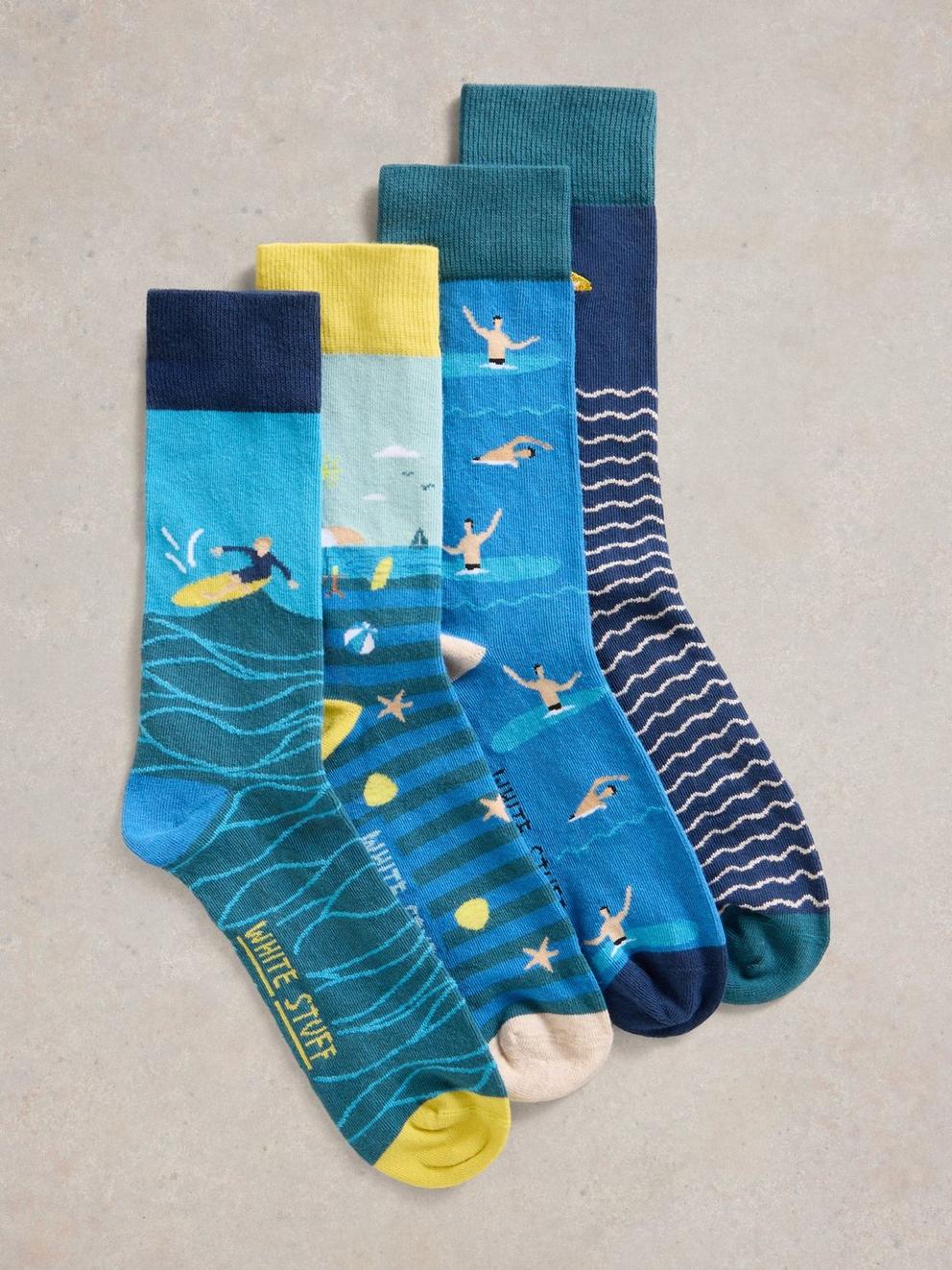 4PK Beside the Seaside Socks in BLUE MLT - FLAT FRONT