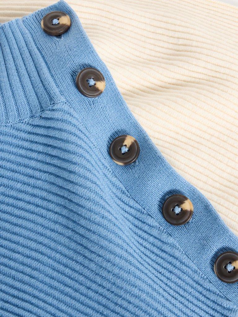 JANA BUTTON HIGH NECK JUMPER in BLUE MLT - FLAT DETAIL