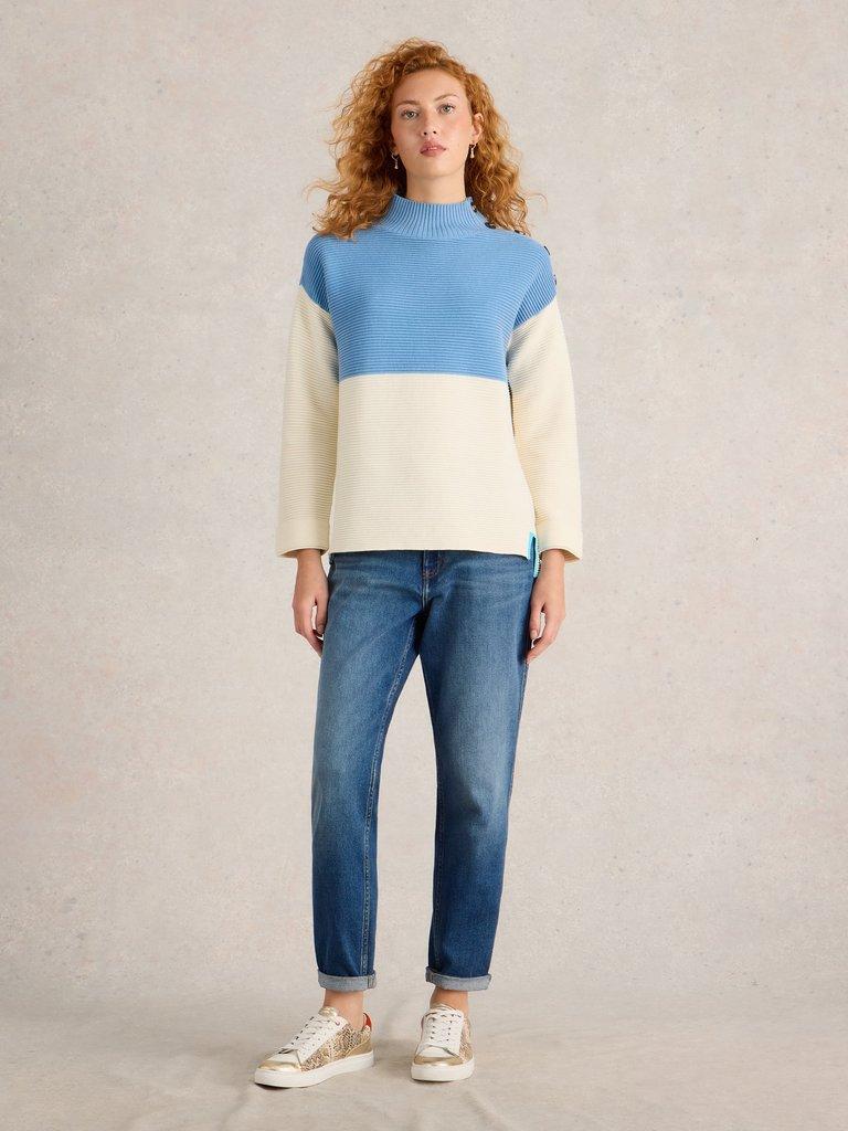 JANA BUTTON HIGH NECK JUMPER in BLUE MLT - MODEL FRONT