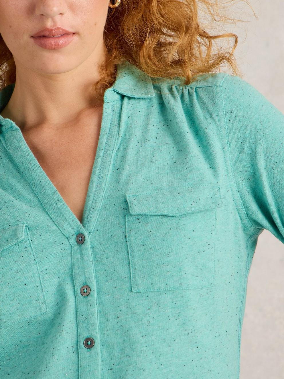 ANNIE POCKET JERSEY SHIRT in BRT BLUE - MODEL DETAIL