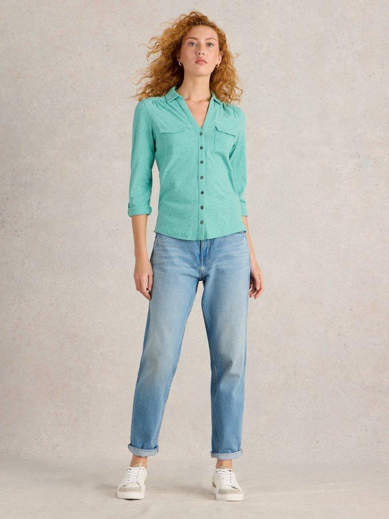 ANNIE POCKET JERSEY SHIRT in BRT BLUE - MODEL FRONT
