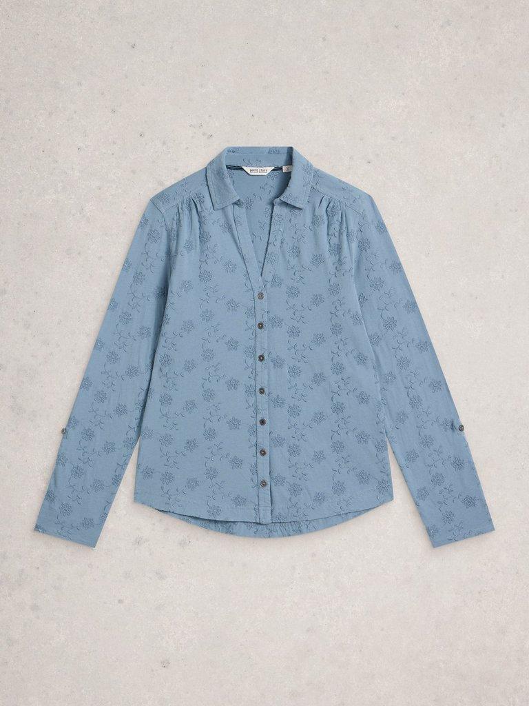 ANNIE BRODERIE JERSEY SHIRT in MID BLUE - FLAT FRONT