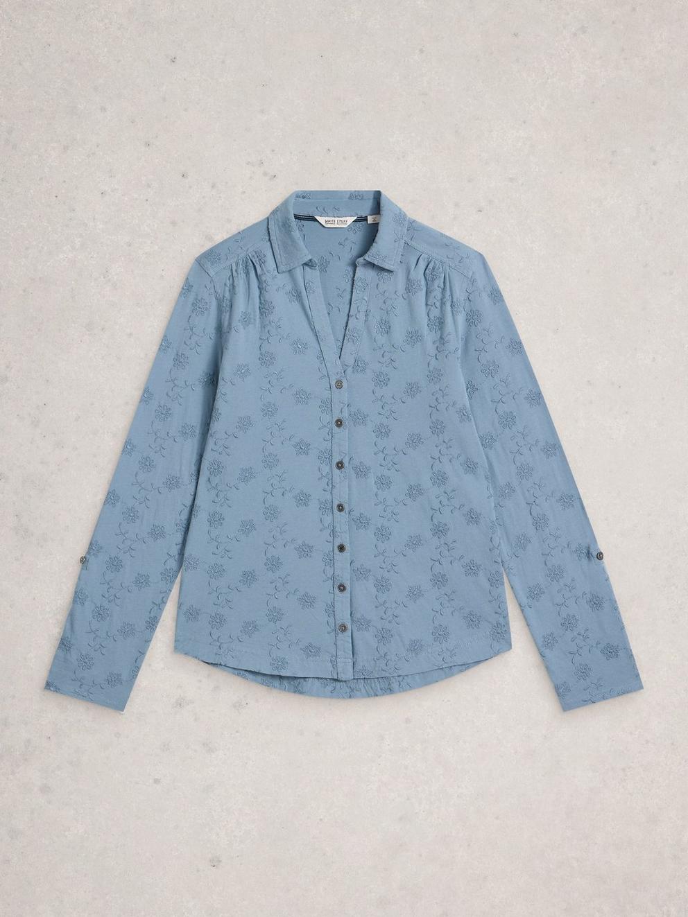 ANNIE BRODERIE JERSEY SHIRT in MID BLUE - FLAT FRONT